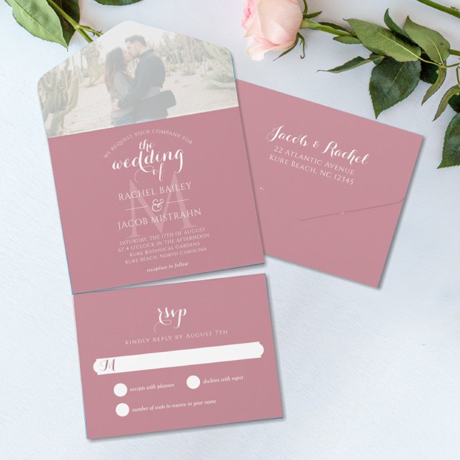 Simple Monogram Dusty Rose Photo Wedding All In One Invitation (Creator Uploaded)