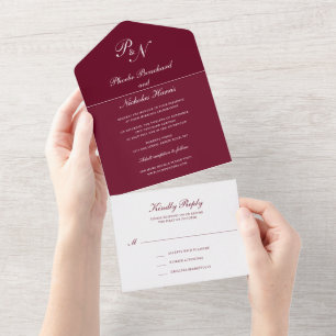 Simple Monogram Elegant Burgundy Wedding All In One Invitation