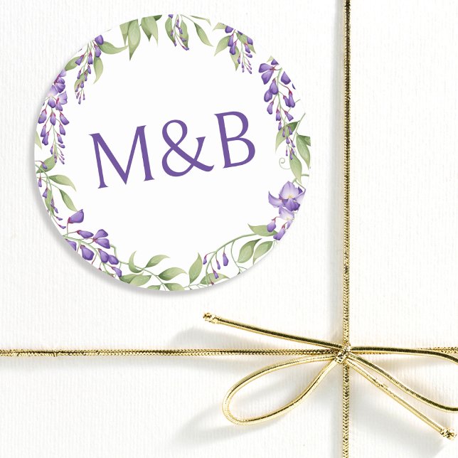 Simple Monogram Elegant Purple Floral Wedding Classic Round Sticker (Creator Uploaded)