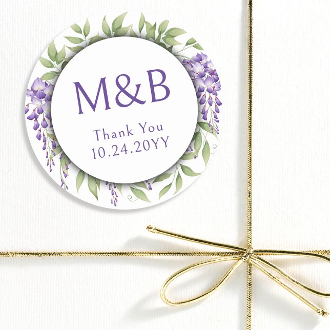 Simple Monogram Elegant Purple Floral Wedding Classic Round Sticker (Creator Uploaded)