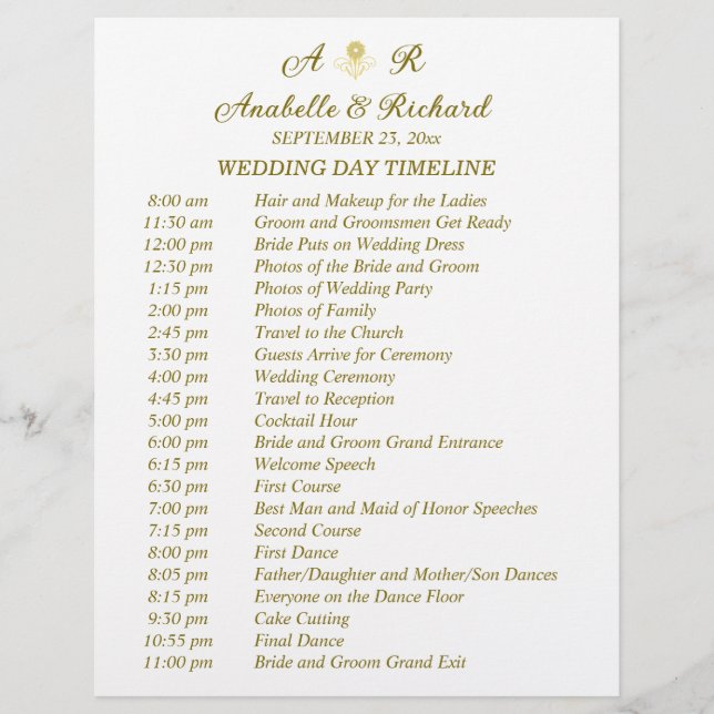 Simple Monogram Elegant Wedding Timeline Flyer (Front)