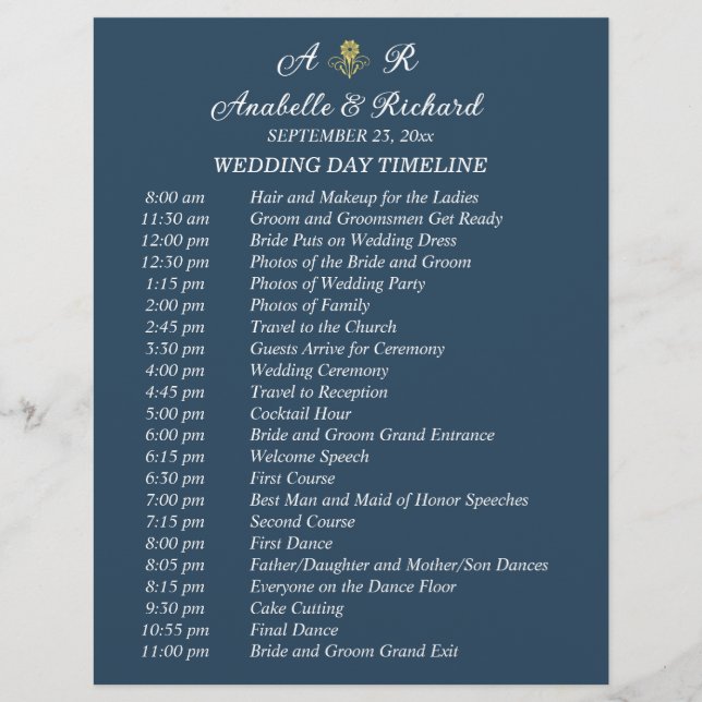 Simple Monogram Elegant Wedding Timeline Flyer (Front)