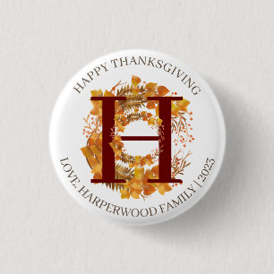 Simple Monogram Fall Harvest Happy Thanksgiving 3 Cm Round Badge
