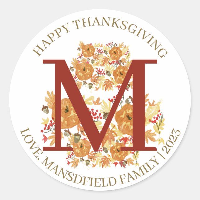 Simple Monogram Fall Harvest Happy Thanksgiving Classic Round Sticker (Front)