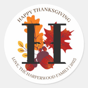 Simple Monogram Fall Harvest Happy Thanksgiving Classic Round Sticker