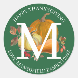 Simple Monogram Fall Harvest Happy Thanksgiving Classic Round Sticker