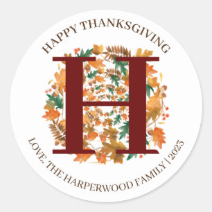 Simple Monogram Fall Harvest Happy Thanksgiving Classic Round Sticker
