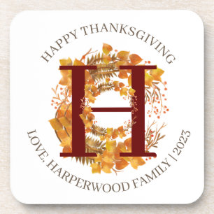 Simple Monogram Fall Harvest Happy Thanksgiving Coaster