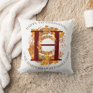 Simple Monogram Fall Harvest Happy Thanksgiving Cushion
