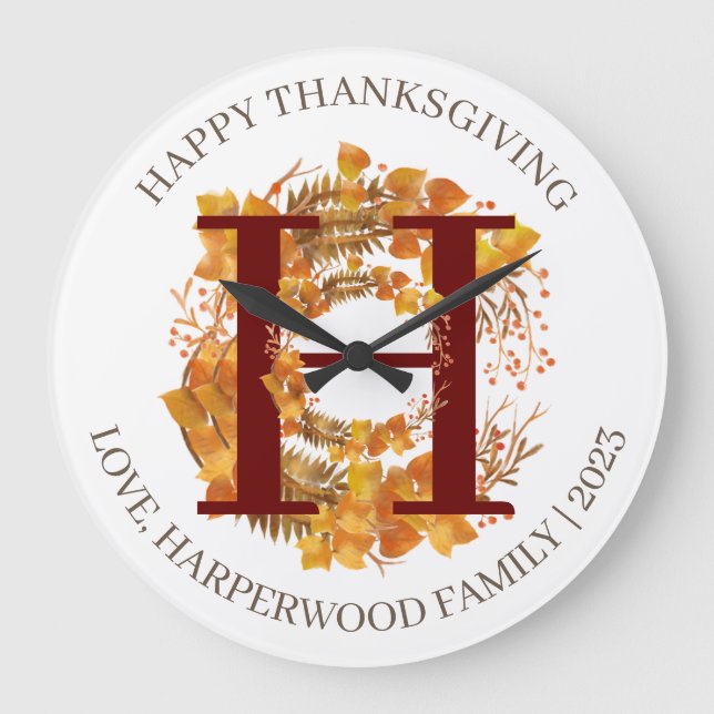 Simple Monogram Fall Harvest Happy Thanksgiving Large Clock (Front)