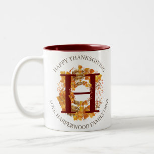 Simple Monogram Fall Harvest Happy Thanksgiving Two-Tone Coffee Mug