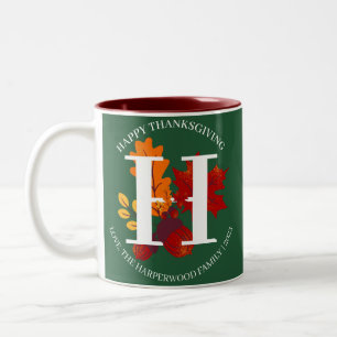Simple Monogram Fall Harvest Happy Thanksgiving Two-Tone Coffee Mug