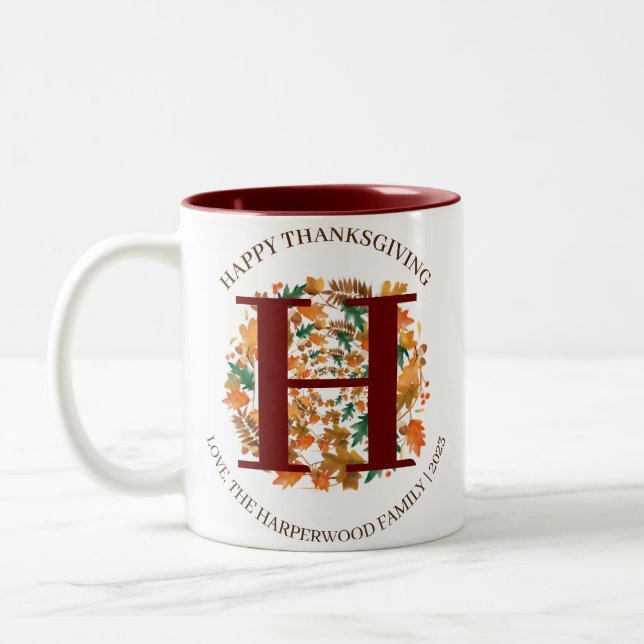 Simple Monogram Fall Harvest Happy Thanksgiving Two-Tone Coffee Mug (Left)