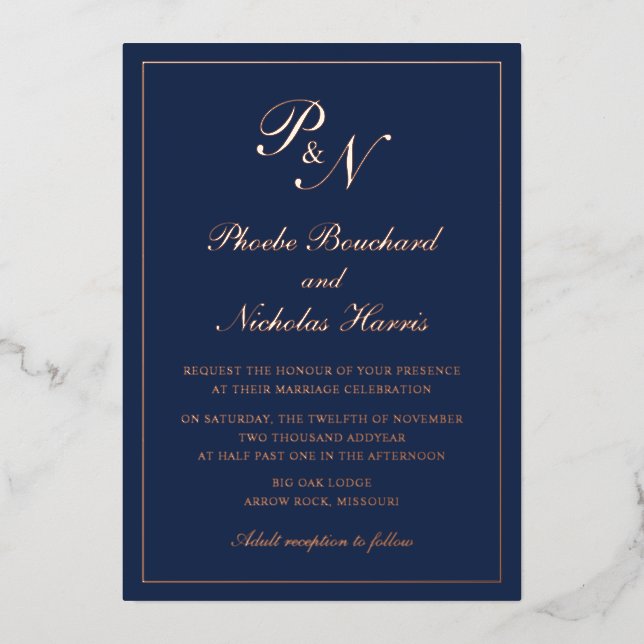 Simple Monogram Formal Navy Blue Wedding Rose Gold (Front)