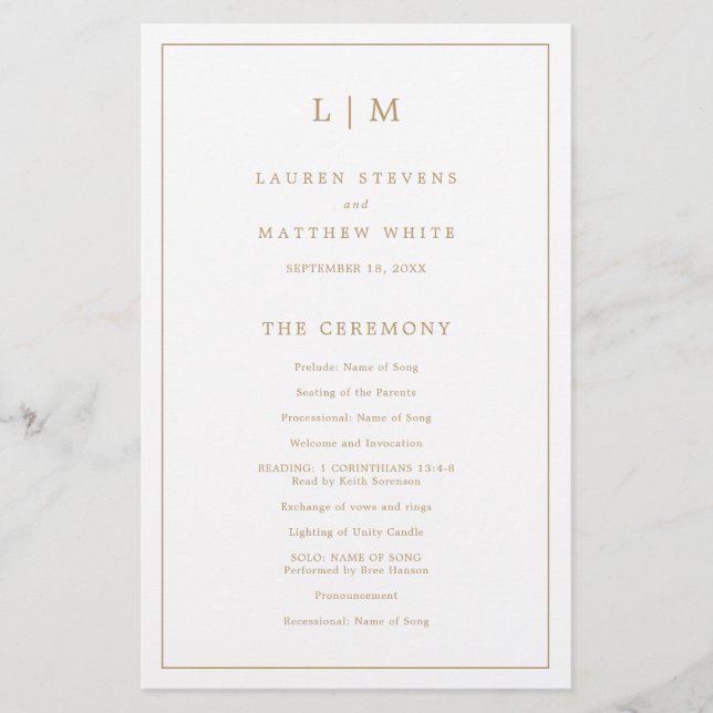Simple Monogram Gold Budget Wedding Program Flyer (Front)