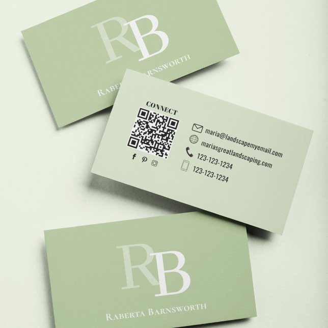 Simple Monogram Green QR Code | Connect with Me Business Card (Green monogram business card with simple two toned design.)