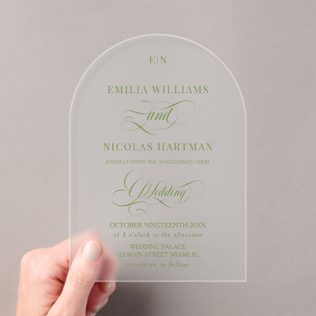 Simple Monogram Green Wedding  Acrylic Invitations (Insitu (Handheld))