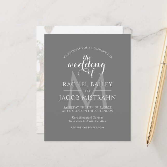 Simple Monogram Grey Grey Photo Wedding Invitation (Front/Back In Situ)