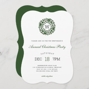 Simple monogram holly wreath Christmas Party Invitation