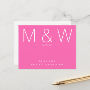 Simple Monogram Hot Pink Wedding Save the Date Announcement Postcard