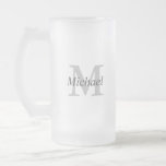 Simple Monogram Initial and Name Frosted Glass Beer Mug<br><div class="desc">This design has a large monogram initial in light grey with the name in darker charcoal grey placed across the initial. Personalise this design for someone special by replacing the sample text shown in the design template. This item makes a nice groomsman gift, Father's Day or birthday gift, housewarming gift...</div>