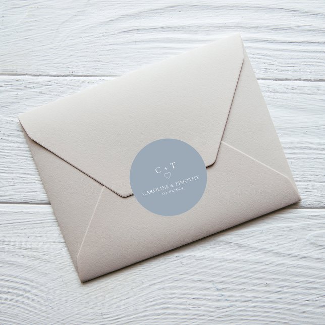 Simple Monogram Initial Dusty Blue Wedding Classic Round Sticker (Creator Uploaded)