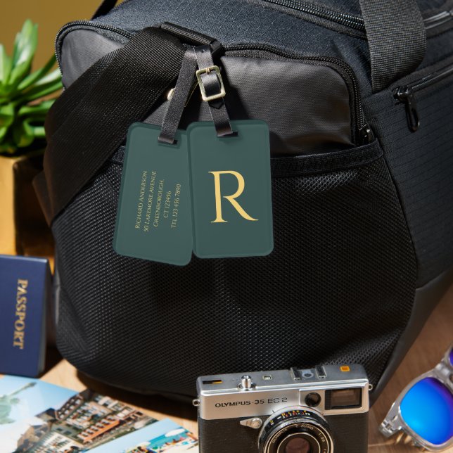 Simple Monogram Initial Green Luggage Tag (Front & Back)