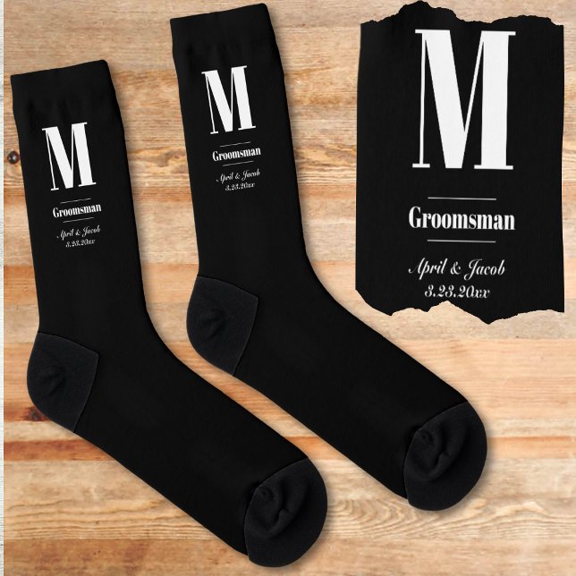 Simple Monogram Initial Groomsmen Gift Wedding Socks (Black groomsmen gift best man socks monogram initial couple wedding date name groomsman sock present)