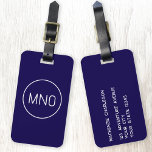 Simple Monogram Initials Minimalist Navy Blue Luggage Tag<br><div class="desc">Modern typography minimalist monogram initial design which can be changed to personalise. Simple circular border to frame the initials. Change the  initials and details on reverse to personalise.  Nautical navy blue and white.</div>