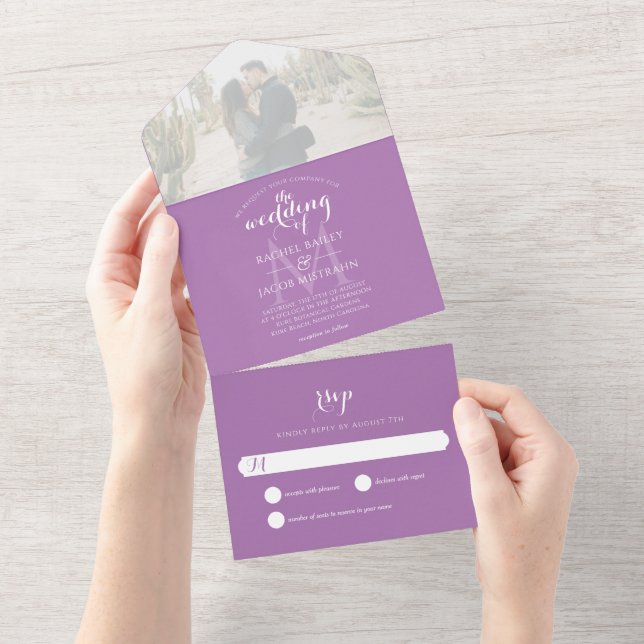 Simple Monogram Lavender Purple Photo Wedding All In One Invitation (Tearaway)