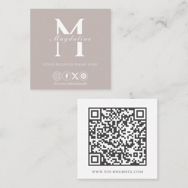 Simple Monogram Logo QR Code Warm Taupe Square Business Card (Front/Back)