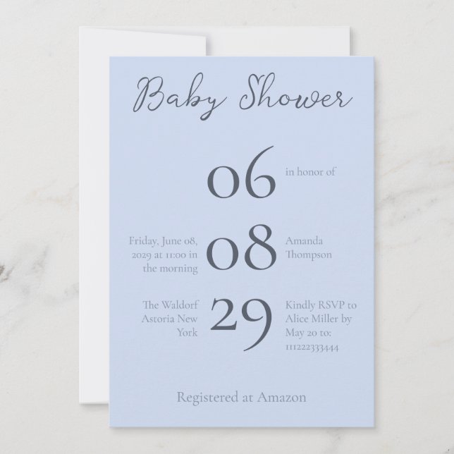 Simple Monogram Minimalist Beau Blue Baby Shower Invitation (Front)