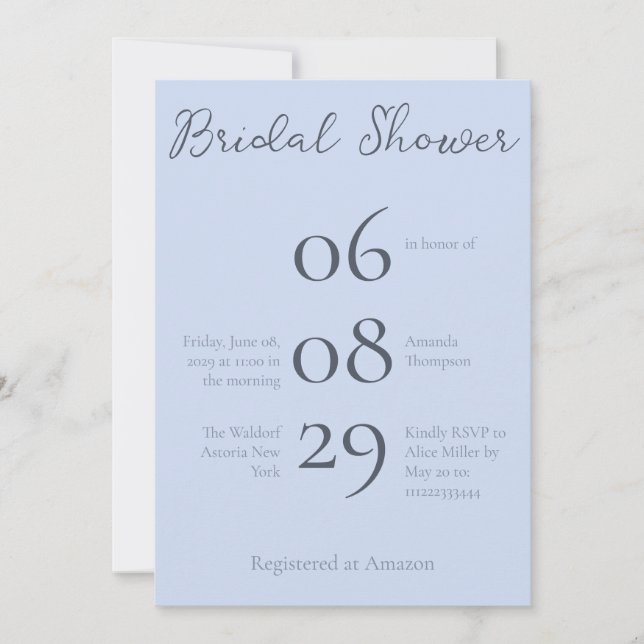Simple Monogram Minimalist Beau Blue Bridal Shower Invitation (Front)