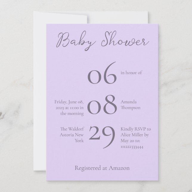 Simple Monogram Minimalist Lavender Baby Shower Invitation (Front)
