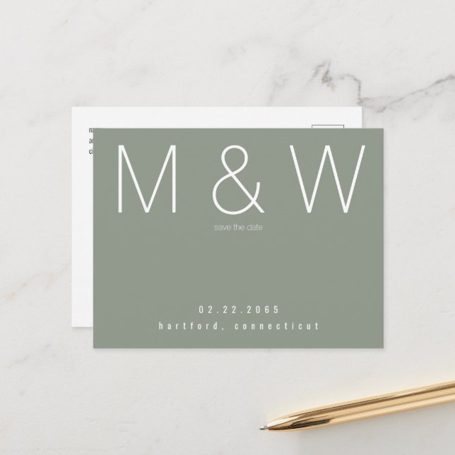 Simple Monogram Minimalist Sage Save the Date  Announcement Postcard (Front/Back In Situ)