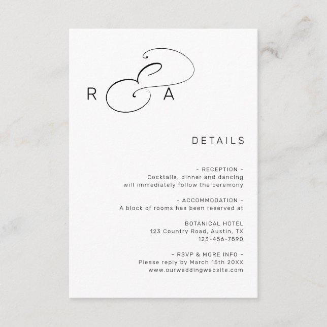 Simple Monogram Minimalist Wedding Details  Enclosure Card (Front)