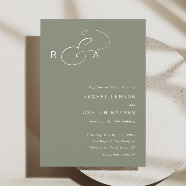 Simple Monogram Minimalist Wedding Sage Green Invitation (Creator Uploaded)