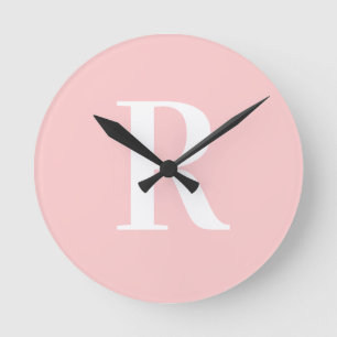 Simple Monogram Modern Blush Pink Round Clock