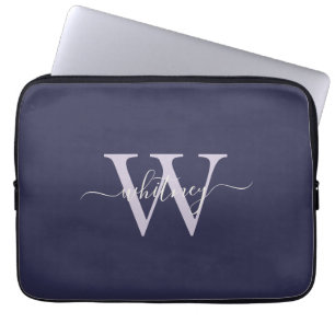 Simple Monogram Name & Initial Monochrome Dark Lap Laptop Sleeve