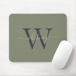 Simple Monogram Name & Initial Olive Green Mouse Pad