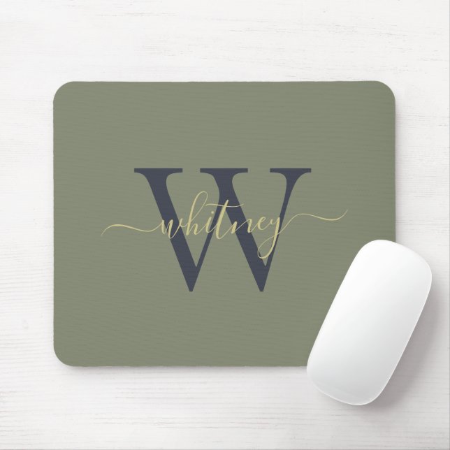 Simple Monogram Name & Initial Olive Green Mouse Pad (With Mouse)