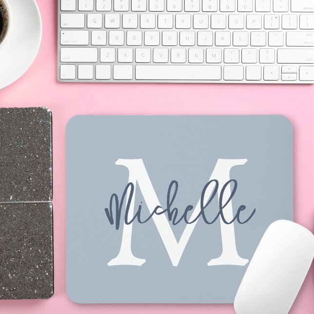 Simple Monogram Name Initial Script Dusty Blue Mouse Pad (Creator Uploaded)