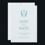 Simple Monogram Pale Blue Save The Date<br><div class="desc">Announce your engagement with this modern save the date card. It features a mix of classic and script typography in turquoise over a solid pale blue background. Enter the bride and groom's monogram in the centre of a crest. All the colours can be customised to suite your wedding colour palette....</div>
