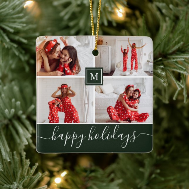 Simple Monogram Photo Collage Happy Holiday Green Ceramic Ornament (Tree)