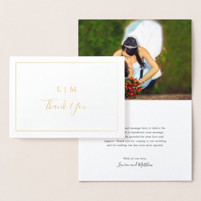 Simple Monogram Photo Elegant Wedding Thank You Foil Card (Display)
