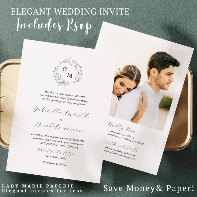 Simple Monogram Photo Wedding Invite with RSVP (Creator Uploaded)