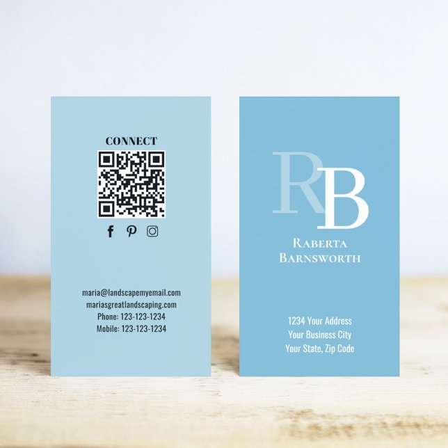 Simple Monogram QR Code Blue | Connect with Me Business Card (Blue business cards with monogram and scannable QR code.)