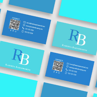 Simple Monogram QR Code Blue | Connect with Me Business Card