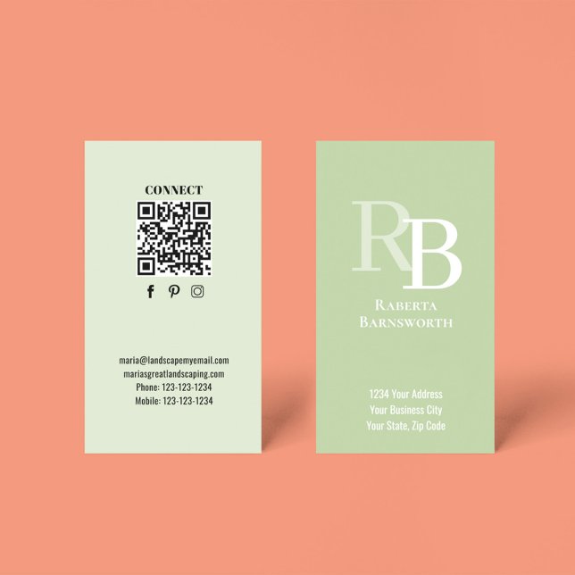 Simple Monogram QR Code Green | Connect with Me Business Card (Green business cards with monogram and QR code template.)