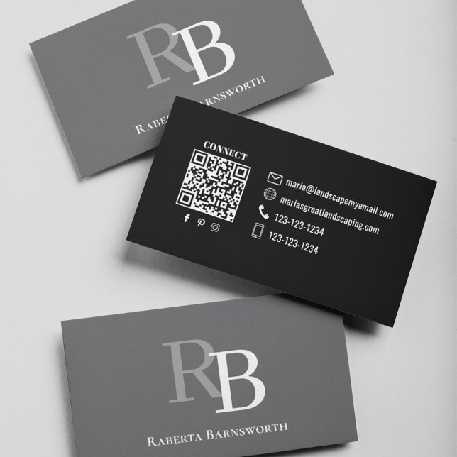 Simple Monogram QR Code Grey | Connect with Me Business Card (Grey and black business card template. With a scannable QR code.)